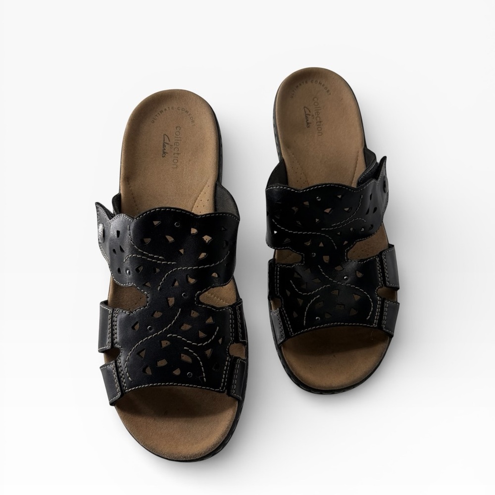 Clarks Black Leather Slides Slip-On Open Toe Casual Sandals Comfortable Shoes